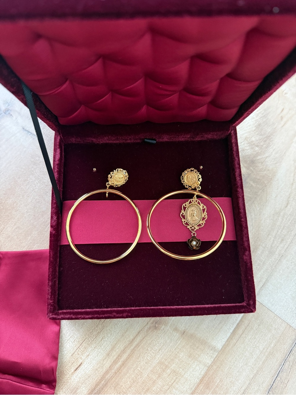 Dolce and GabbanaGold-Tone Hoop Medallion Drop Earrings with Black Flower Accent - Picture 2 of 4